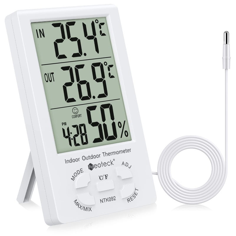 Neoteck 3 in 1 Thermometer Hygrometer with Clock Large LCD Display, Digital Humidity Temperature Meter 1.5m Sensor Wire for Indoor Outdoor Use - Image 1